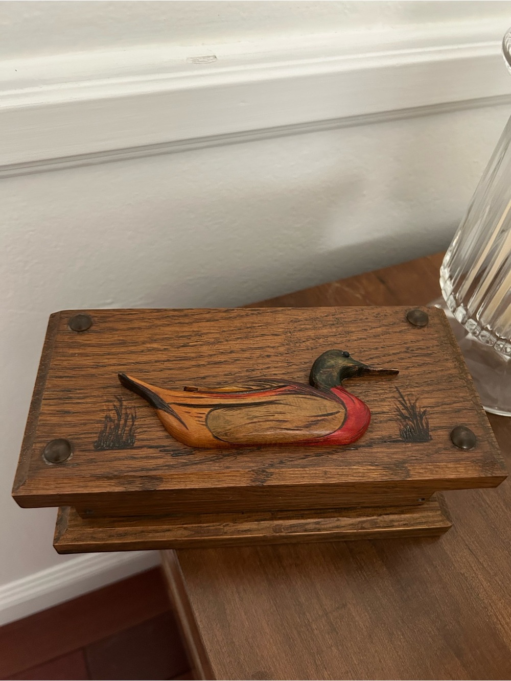 Vintage Wood Carved Mallard Duck Decoy Trinket Box